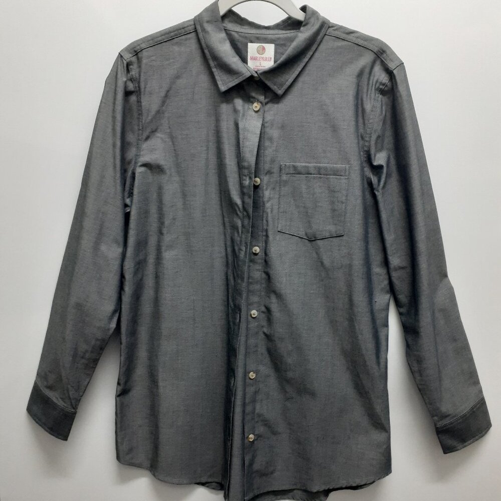 Marley Lilly Gray Chambray Button-Down 100% Cotton Shirt Size L